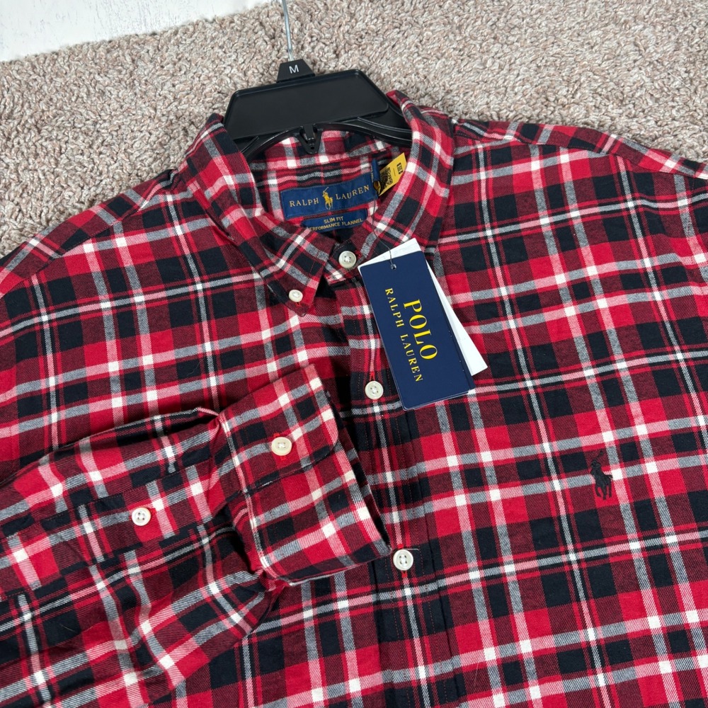 Polo Ralph Lauren Mens XL Slim Fit Performance Flannel Shirt Red Black Plaid NEW